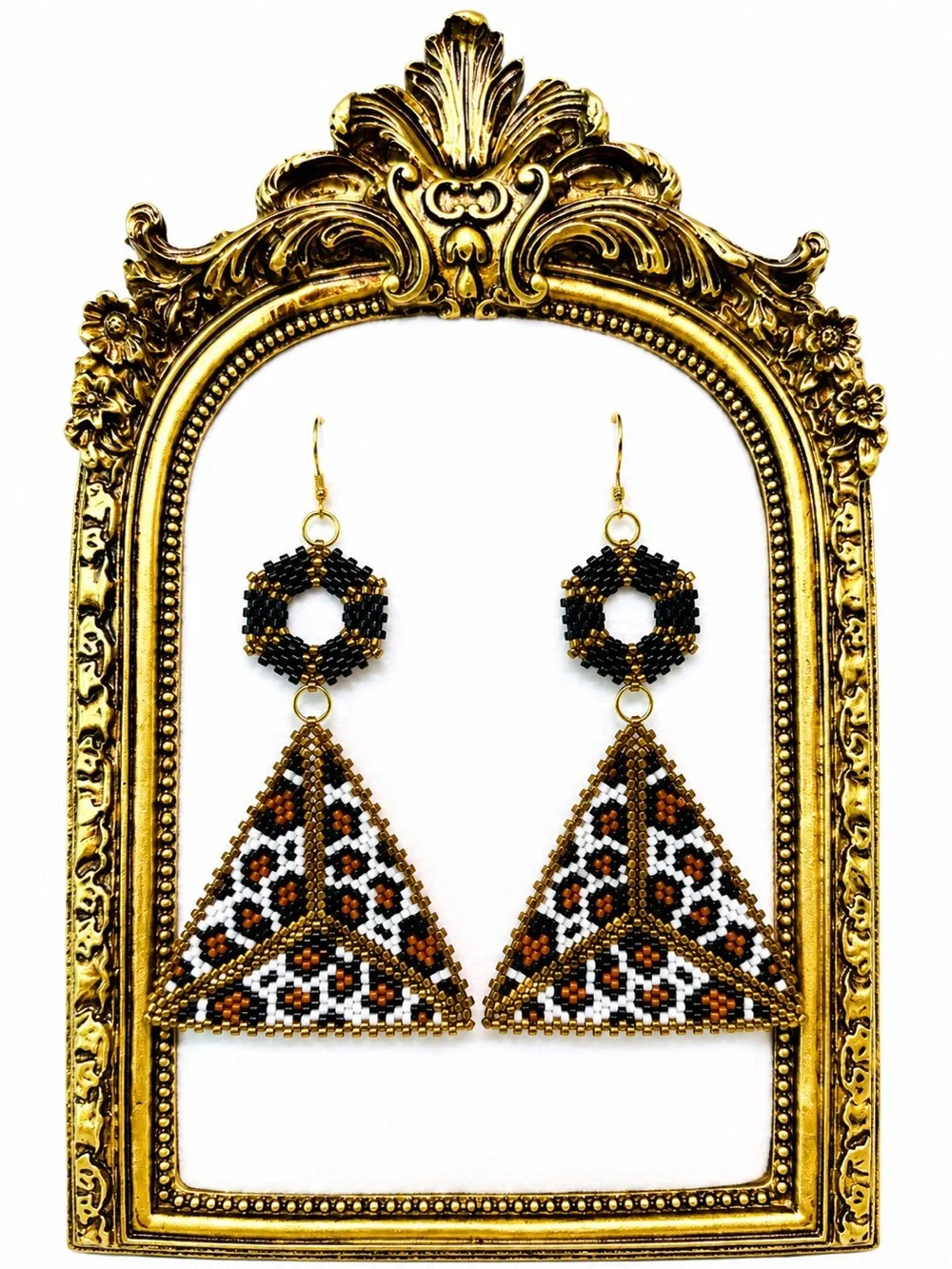 Handmade Brown Leopard Triangle Beaded Earrings